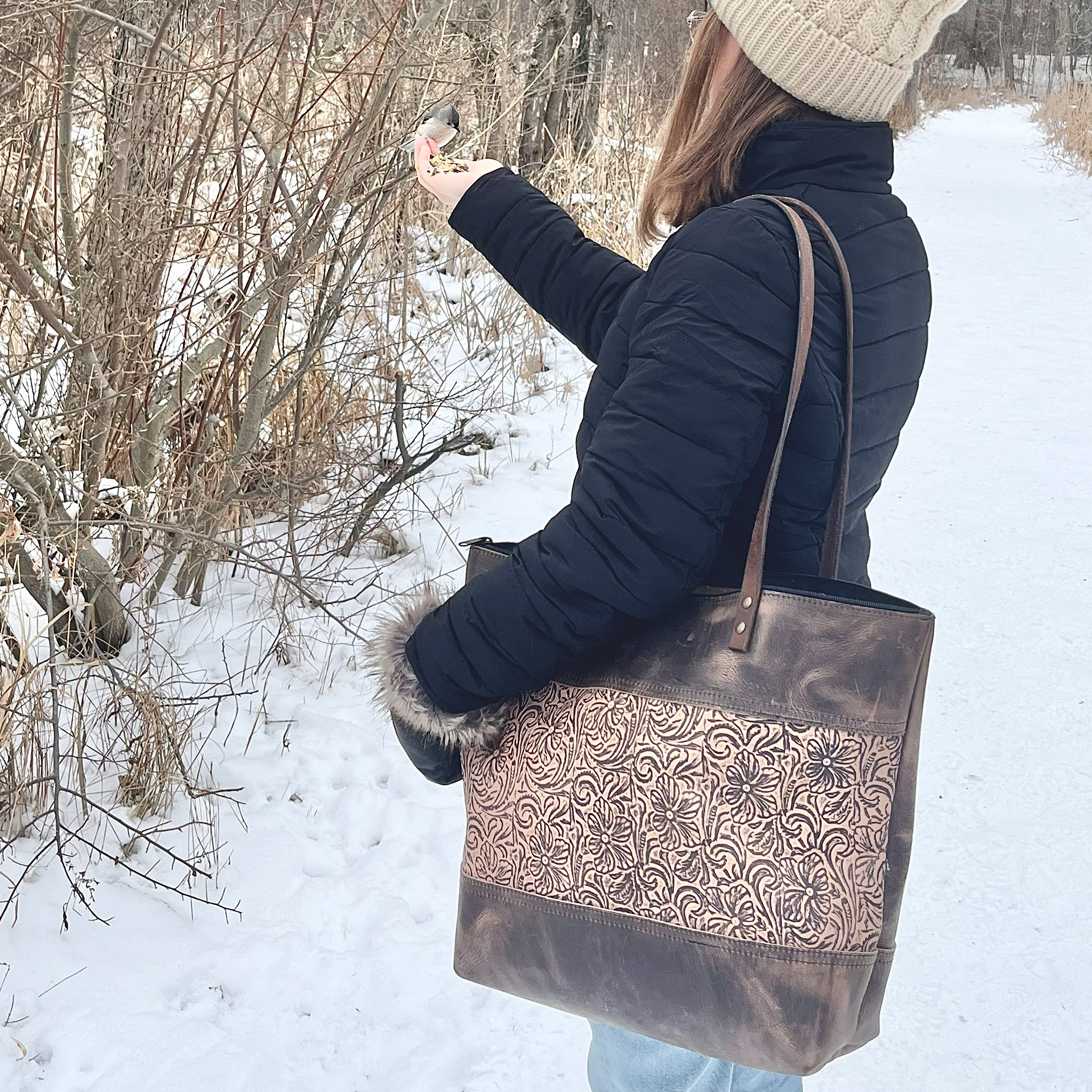 Legacy Leather Bag | Embossed Floral Panel | Antique Brass | Large - Image 9