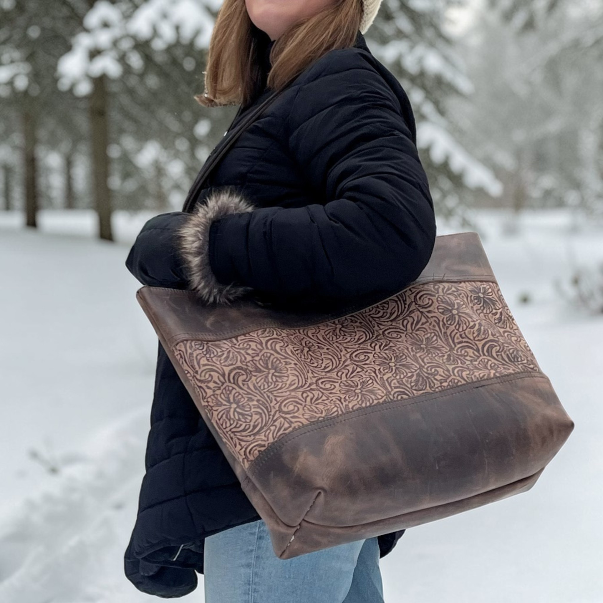 Legacy Leather Bag | Embossed Floral Panel | Antique Brass | Large